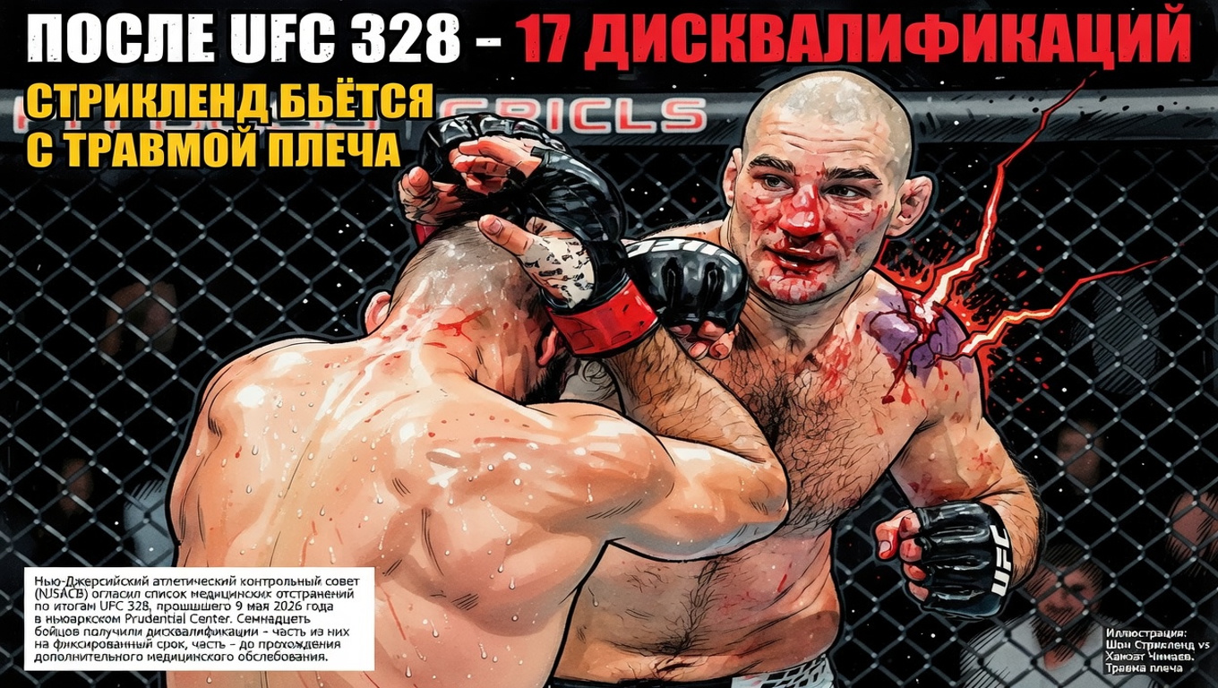 После UFC 328 – 17 дисквалификаций. Стрикленд бьётся с травмой плеча